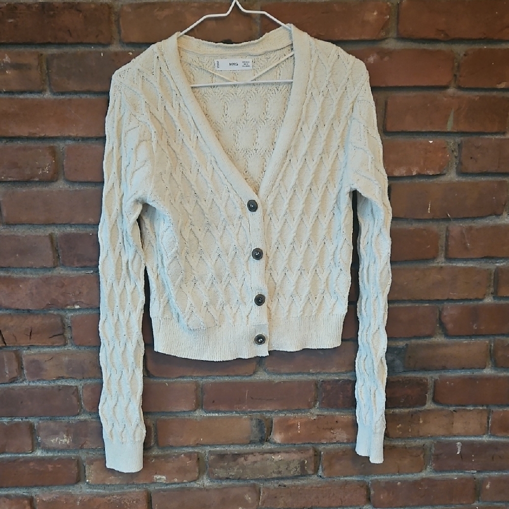 Mango Cream Button-Up Cable Knit Cardigan